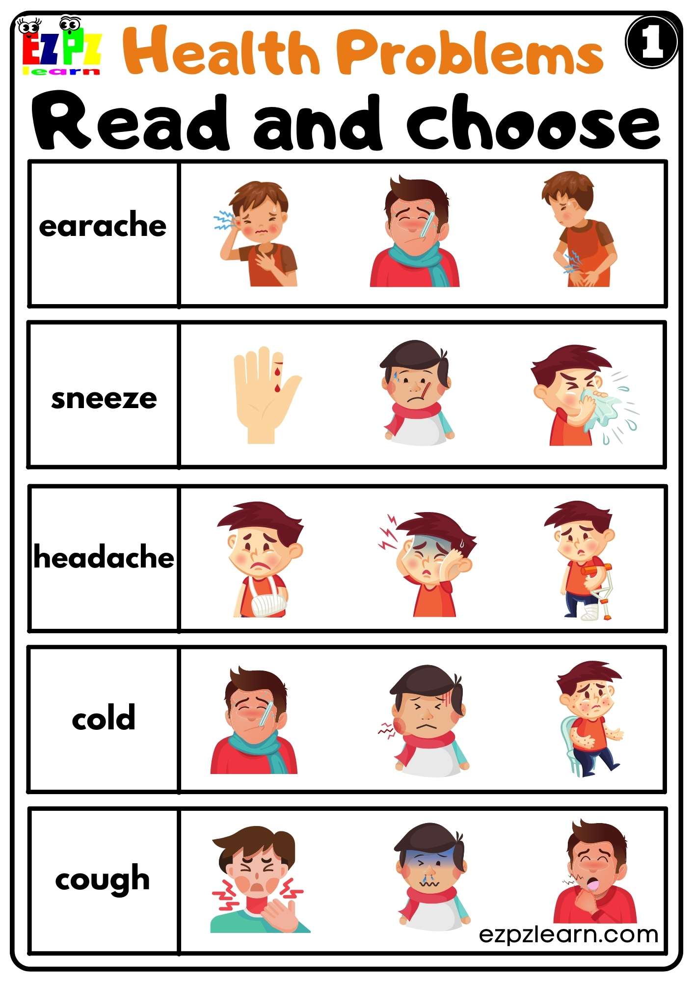 Health Problems Read and Choose Worksheet for kids K5 and ESL Students Free PDF Download Set 1